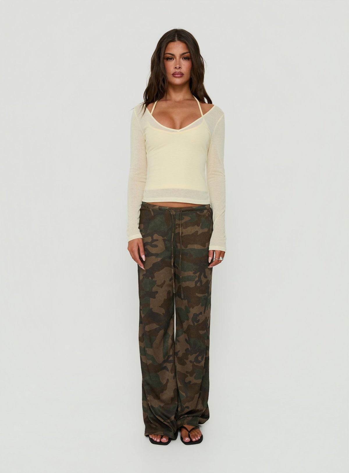 Kaiyah Sheer V Neck Long Sleeve Top Yellow