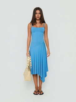 Caught Up Drop Waist Asymmetrical Midi Dress Blue