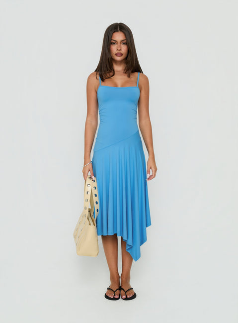 Caught Up Drop Waist Asymmetrical Midi Dress Blue