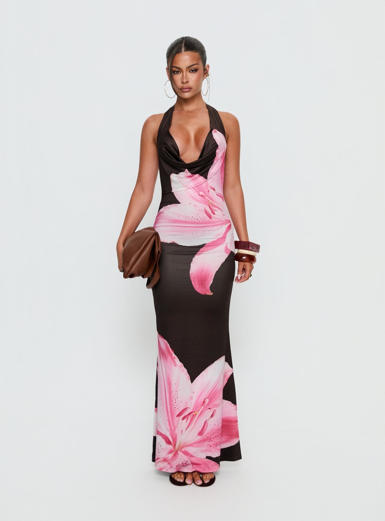 michellMacaron フラワーフリルビキニ ブラック Kanara Halter Plunge Maxi Dress Chocolate / Pink Floral | Princess