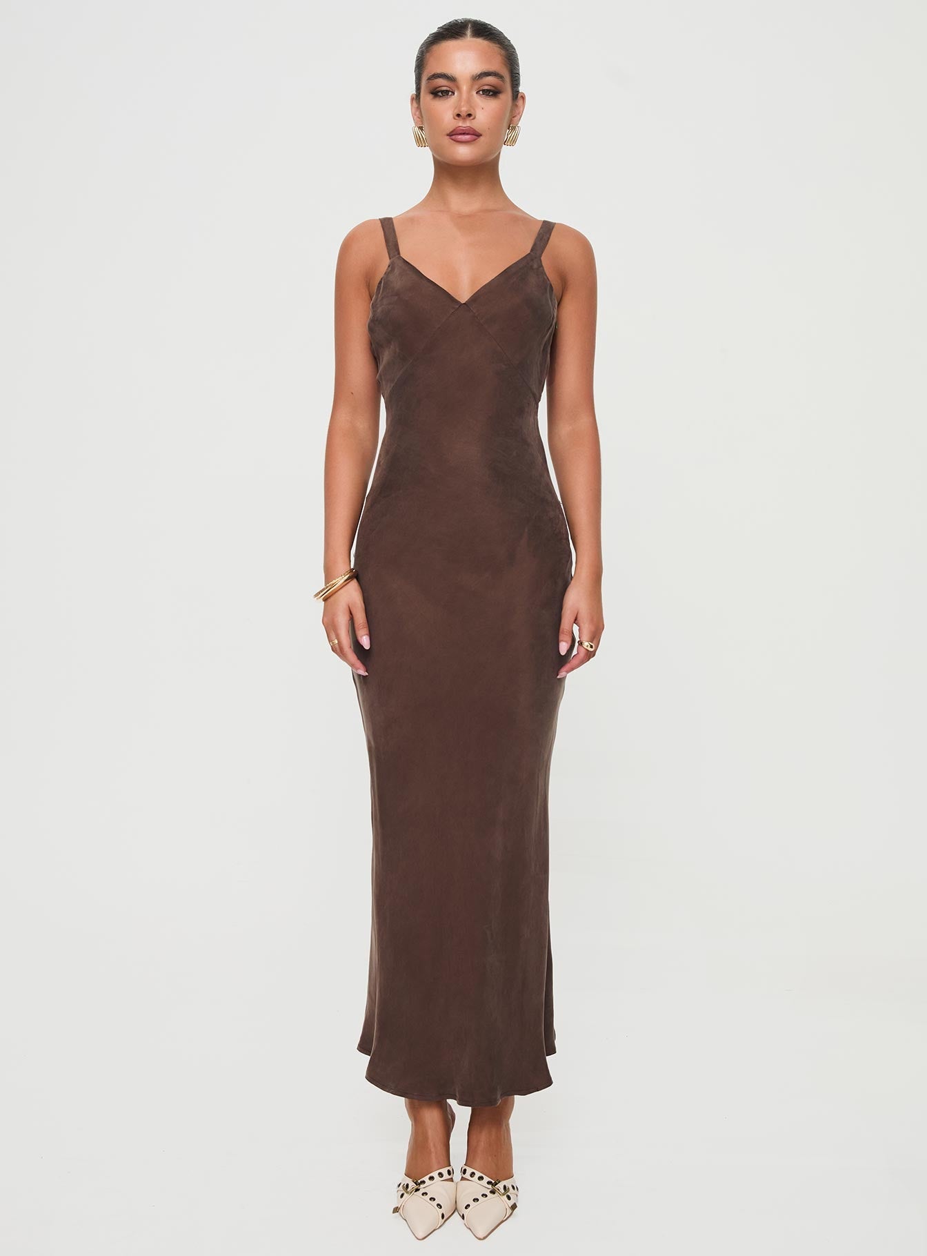 front view of model wearing Princess Polly Laurette Maxi Dress Brown Petite V-Neck 