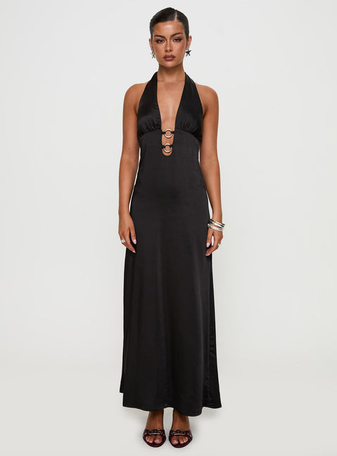 front view of model wearing Princess Polly Fortress Maxi Dress Black Plunger 