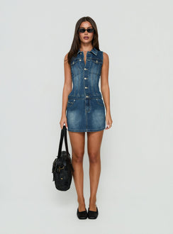 Divinitee Denim Button Down Mini Dress Blue