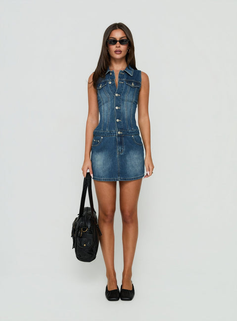 Divinitee Denim Button Down Mini Dress Blue