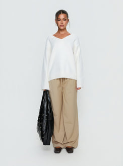 front view of model wearing Princess Polly Ketrina Tie Waist Pants Beige Plaid Mid Rise Pants 