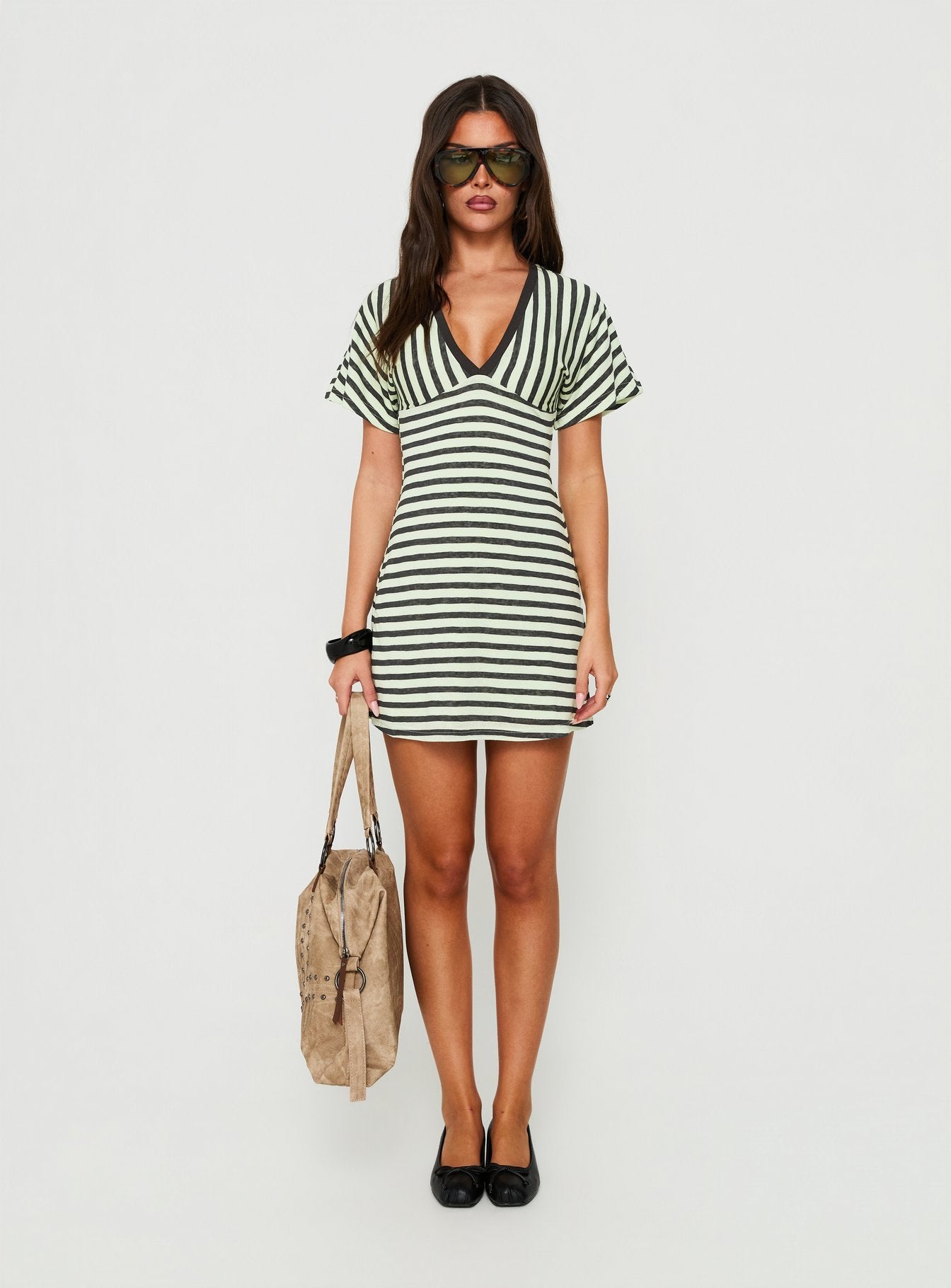 Arialla V Neck Short Sleeve Mini Dress Green / Charcoal Stripe