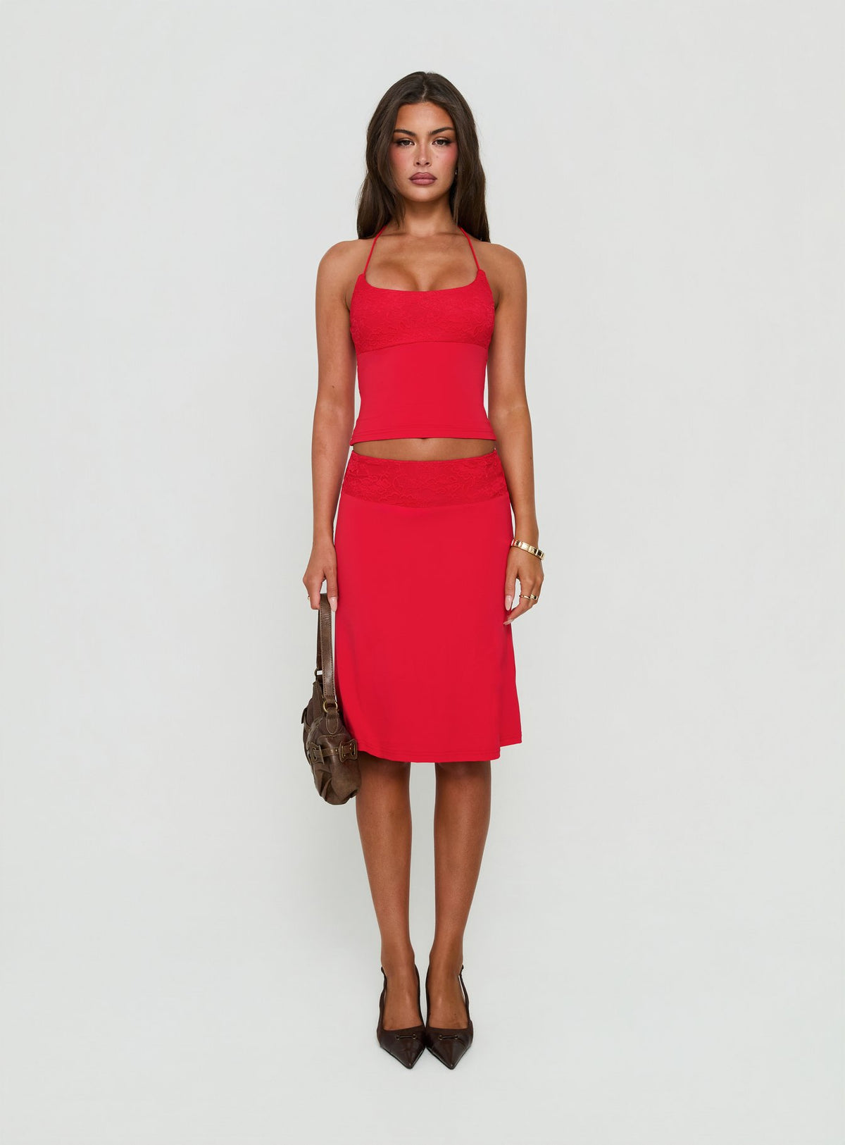 Zenaide Lace Detail Midi Skirt Red