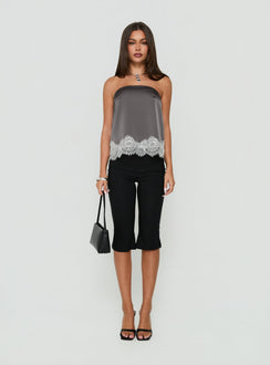 Sheyla Strapless Satin Lace Trim Top Grey / White