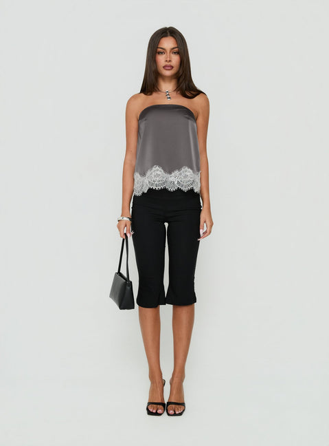 Sheyla Strapless Satin Lace Trim Top Grey / White
