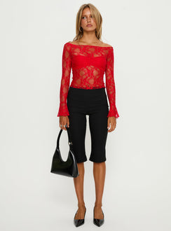 Junah Sheer Lace Long Sleeve Top Red