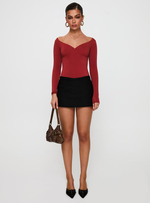 front view of model wearing Princess Polly Loveydove Bodysuit Burgundy Long Sleeve Tops 