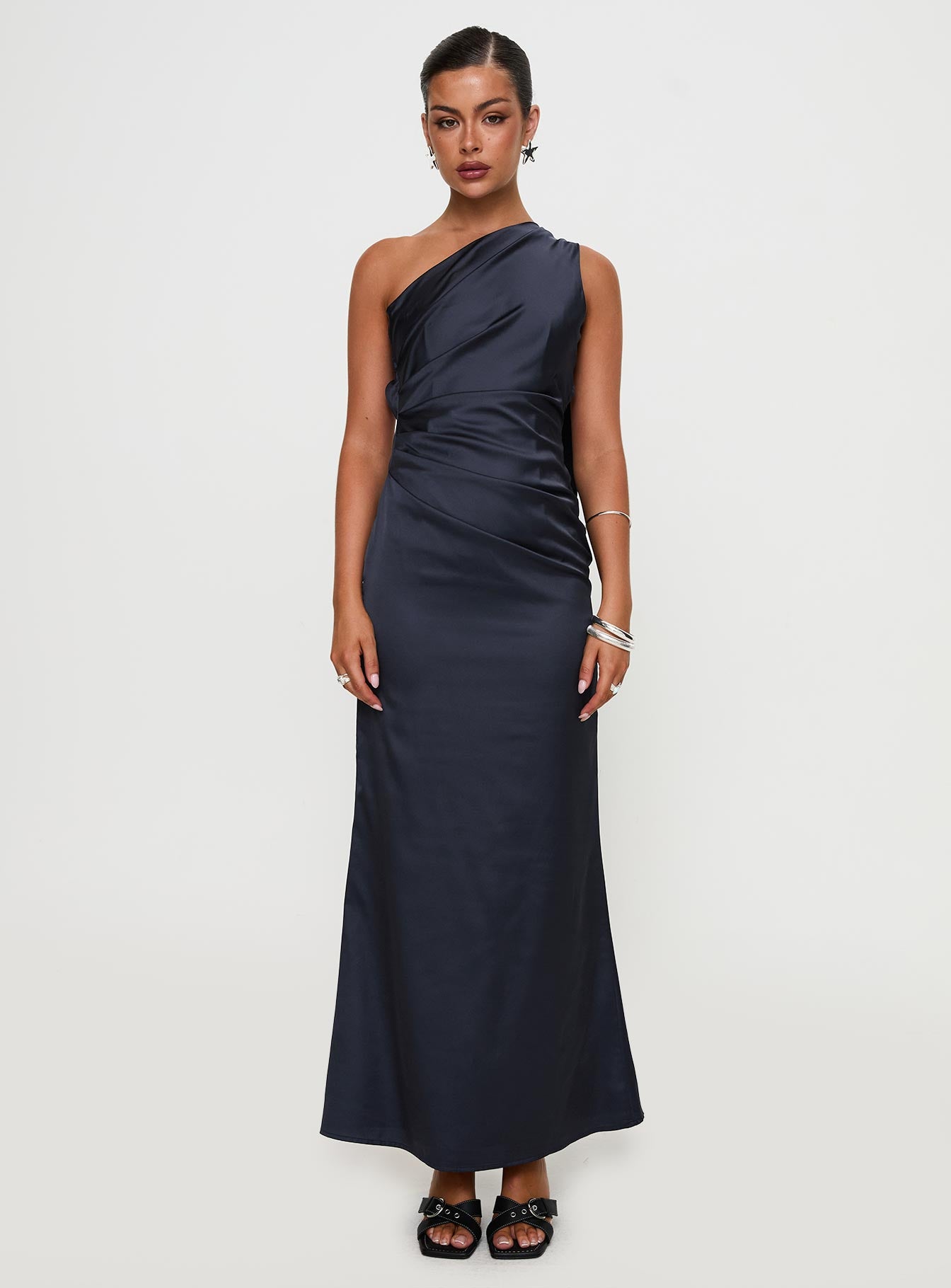 side view of model wearing Princess Polly Dulcia One Shoulder Maxi Dress Blue Asymmetric Neckline 