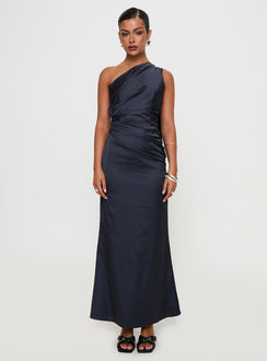 side view of model wearing Princess Polly Dulcia One Shoulder Maxi Dress Blue Asymmetric Neckline 