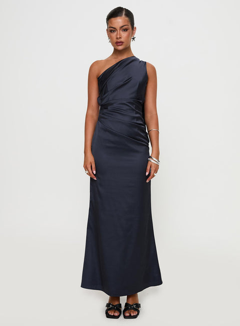 side view of model wearing Princess Polly Dulcia One Shoulder Maxi Dress Blue Asymmetric Neckline 