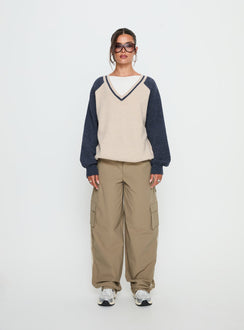 front view of model wearing Princess Polly Adana V Neck Graphic Knit Sweater Multi Longline Jumpers 