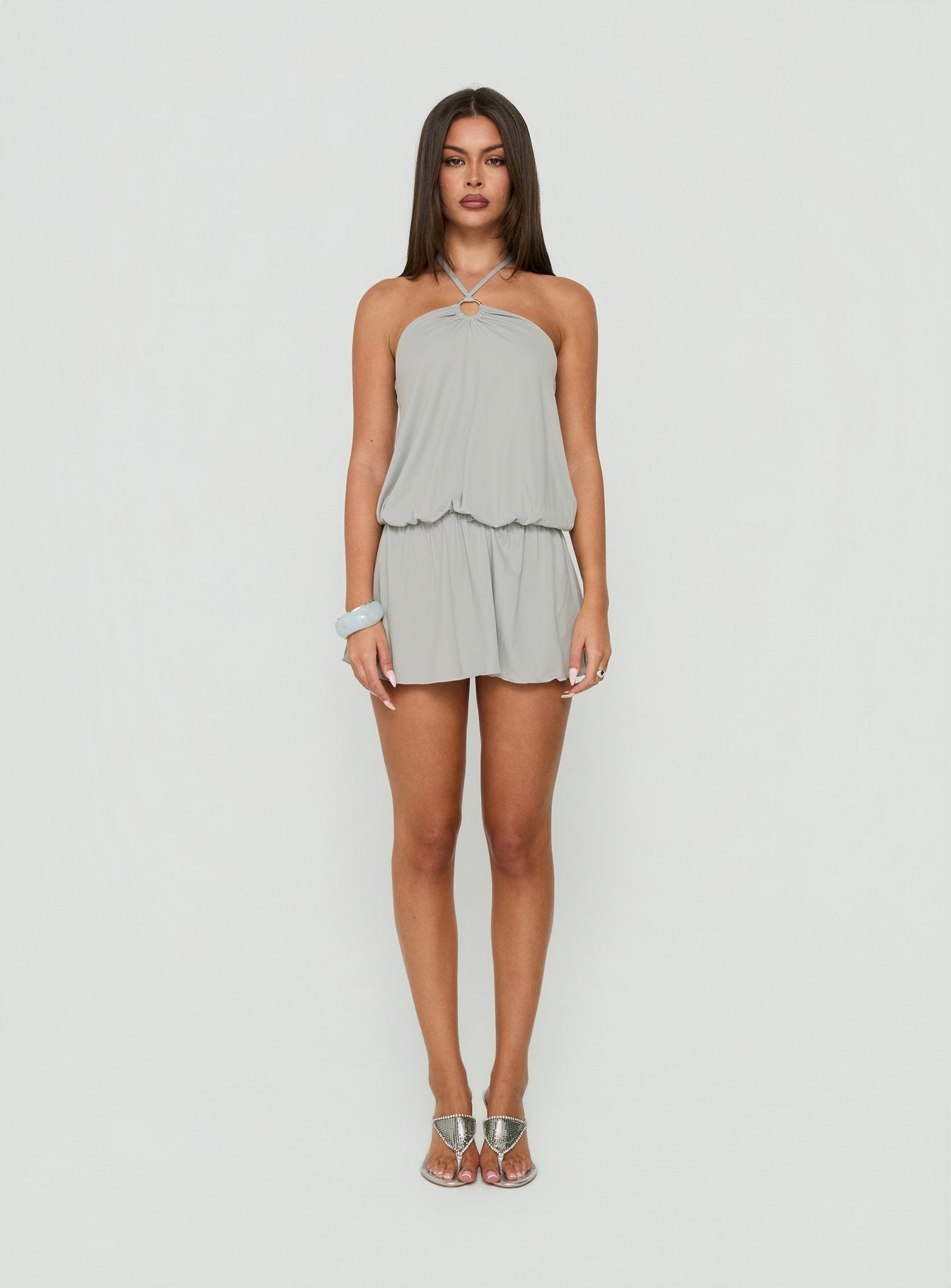 Roksy Tie Neck Drapey Romper Grey