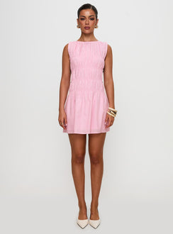 front view of model wearing Princess Polly Evony Shirred Mini Dress Pink Crew Neck 