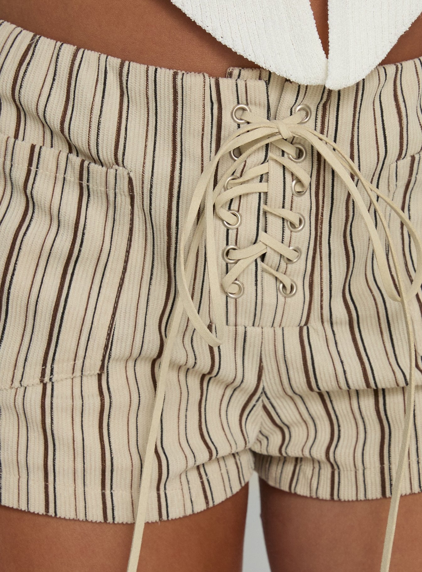 Ronnee Lace Up Shorts Cream Stripe | Princess Polly