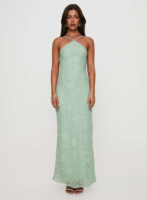 side view of model wearing Princess Polly Zoelle Halter Maxi Dress Sage V-Neck 
