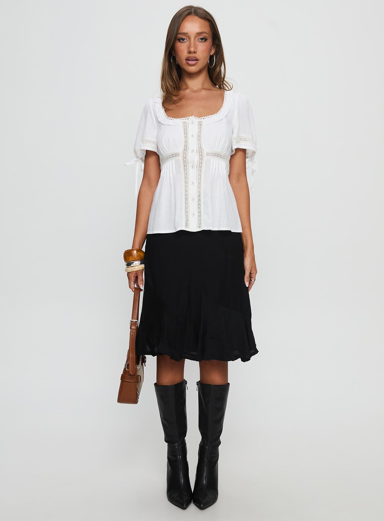 Indianah Pleat Lace Panel Blouse Top White | Princess Polly