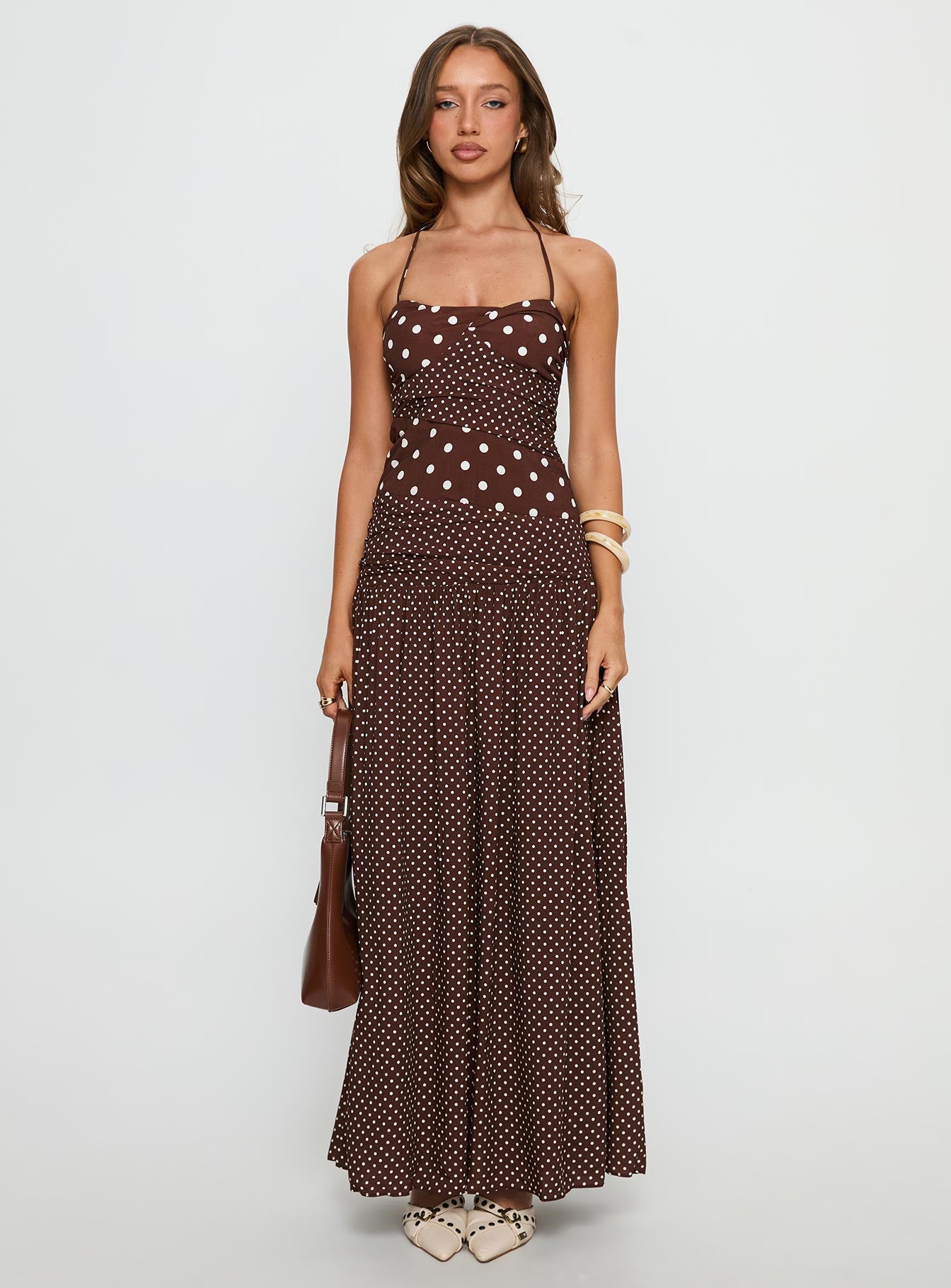 Marguerite Halter Maxi Dress | Brown Polka Dot | Womens | Princess Polly Lower Impact Marguerite Halter Maxi Dress | Brown Polka Dot | Womens | Princess Polly Lower Impact