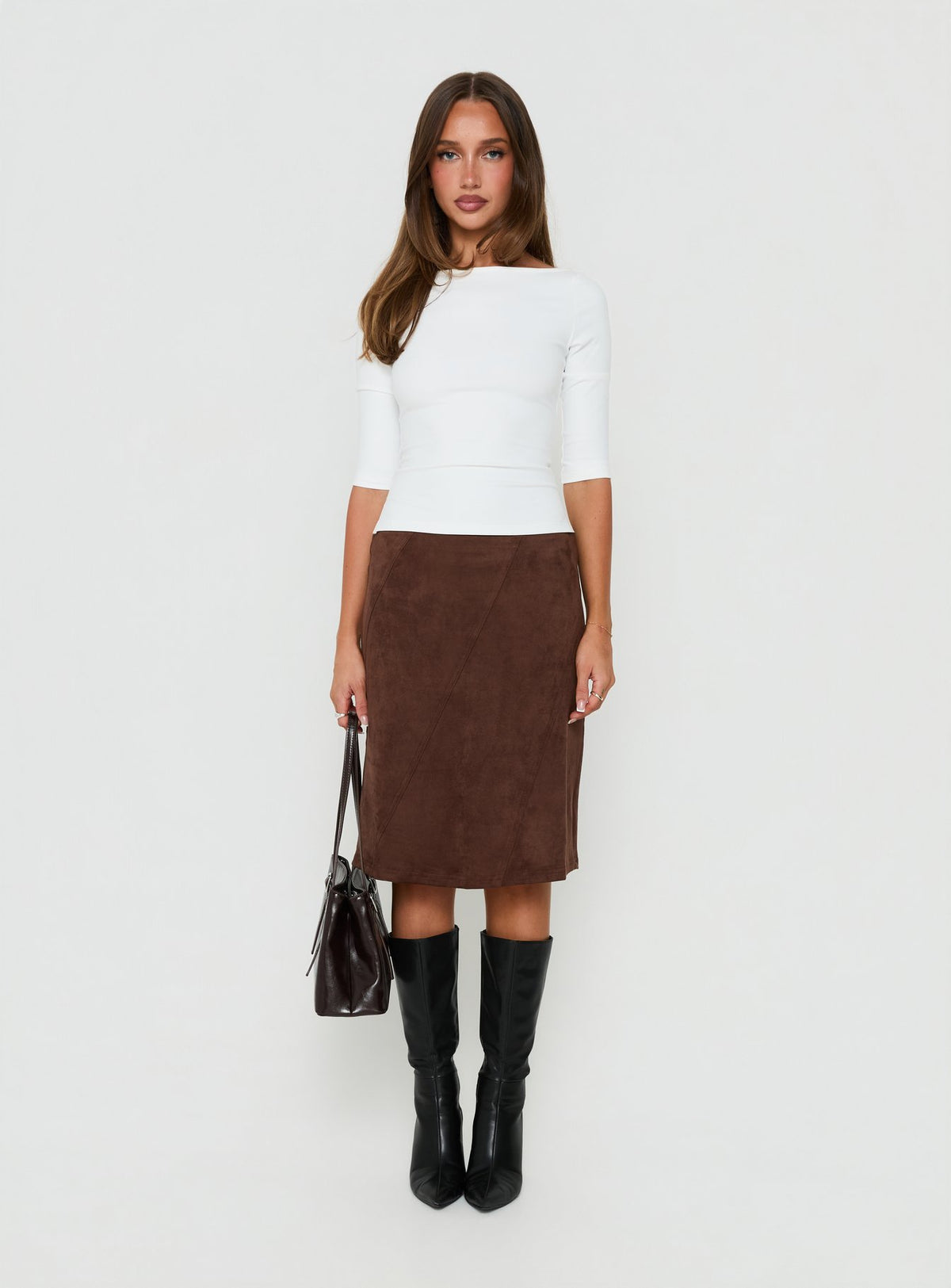 Shades Of Love Faux Suede Midi Skirt Chocolate