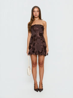 Meadow of Dreams Strapless Mini Dress Brown Floral Burnout