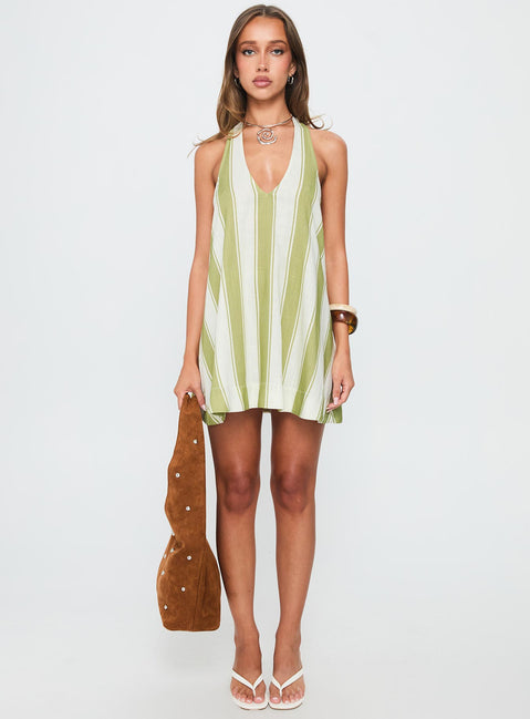 Khaia Halter Mini Dress Green / Cream Stripe | Princess Polly Khaia Halter Mini Dress Green / Cream Stripe | Princess Polly