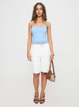 front view of model wearing Princess Polly Vikha Top Blue Sleeveless Square Neck 