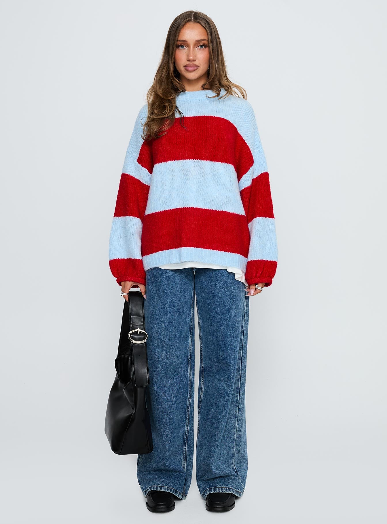 Bastien Crew Neck Knit Sweater Blue / Red | Princess Polly