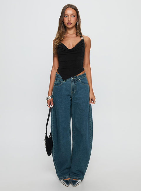 front view of model wearing Princess Polly Juda Mid Rise Barrel Leg Jeans Mid Blue Wash High Waisted Jeans 