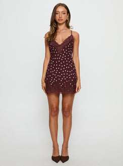Call My Lover Lace Slip Mini Dress Brown Polka