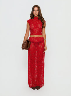   side view of model wearing Princess Polly Vionna Lace Maxi Skirt Red Maxi Skirts 