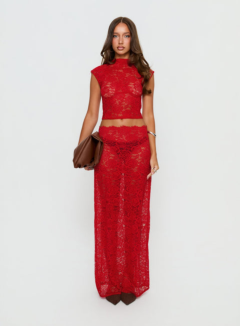   side view of model wearing Princess Polly Vionna Lace Maxi Skirt Red Maxi Skirts 