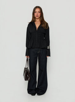As You Are Shirred Button Up Top Black