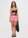 side view of model wearing Princess Polly Rigatoni Knit Shorts Pink High Waisted Shorts 