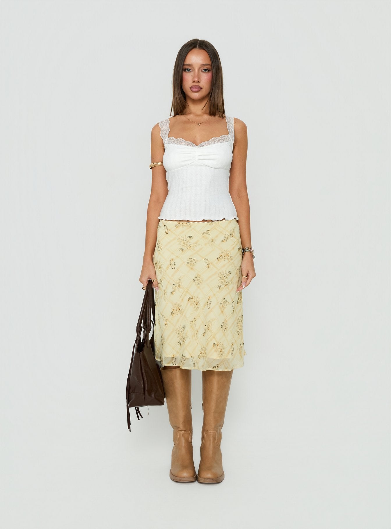 Evina Picot Trim Midi Skirt Yellow Paisley