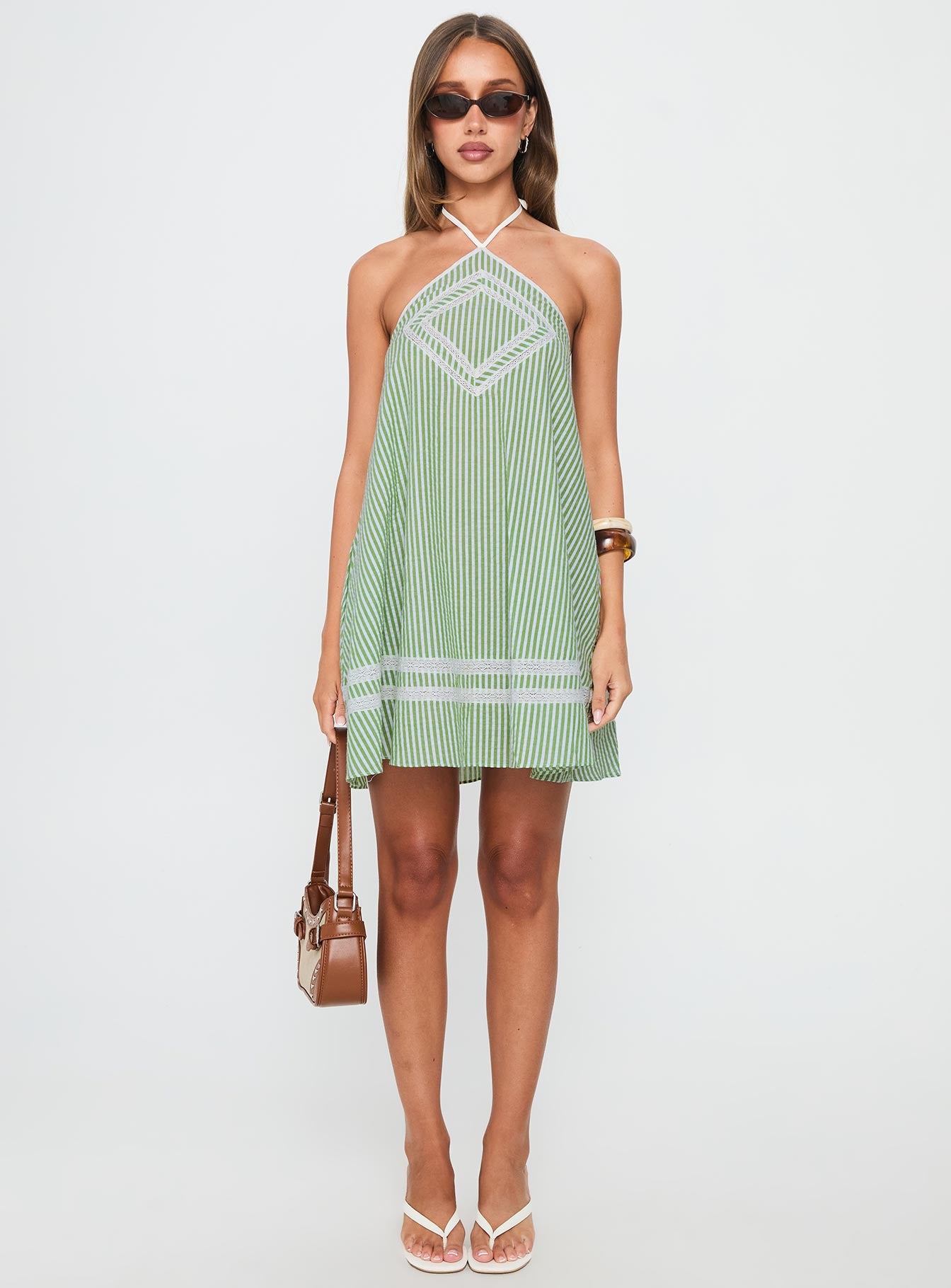 River Rose Anglais Swing Mini Dress Green Stripe | Princess Polly River Rose Anglais Swing Mini Dress Green Stripe | Princess Polly