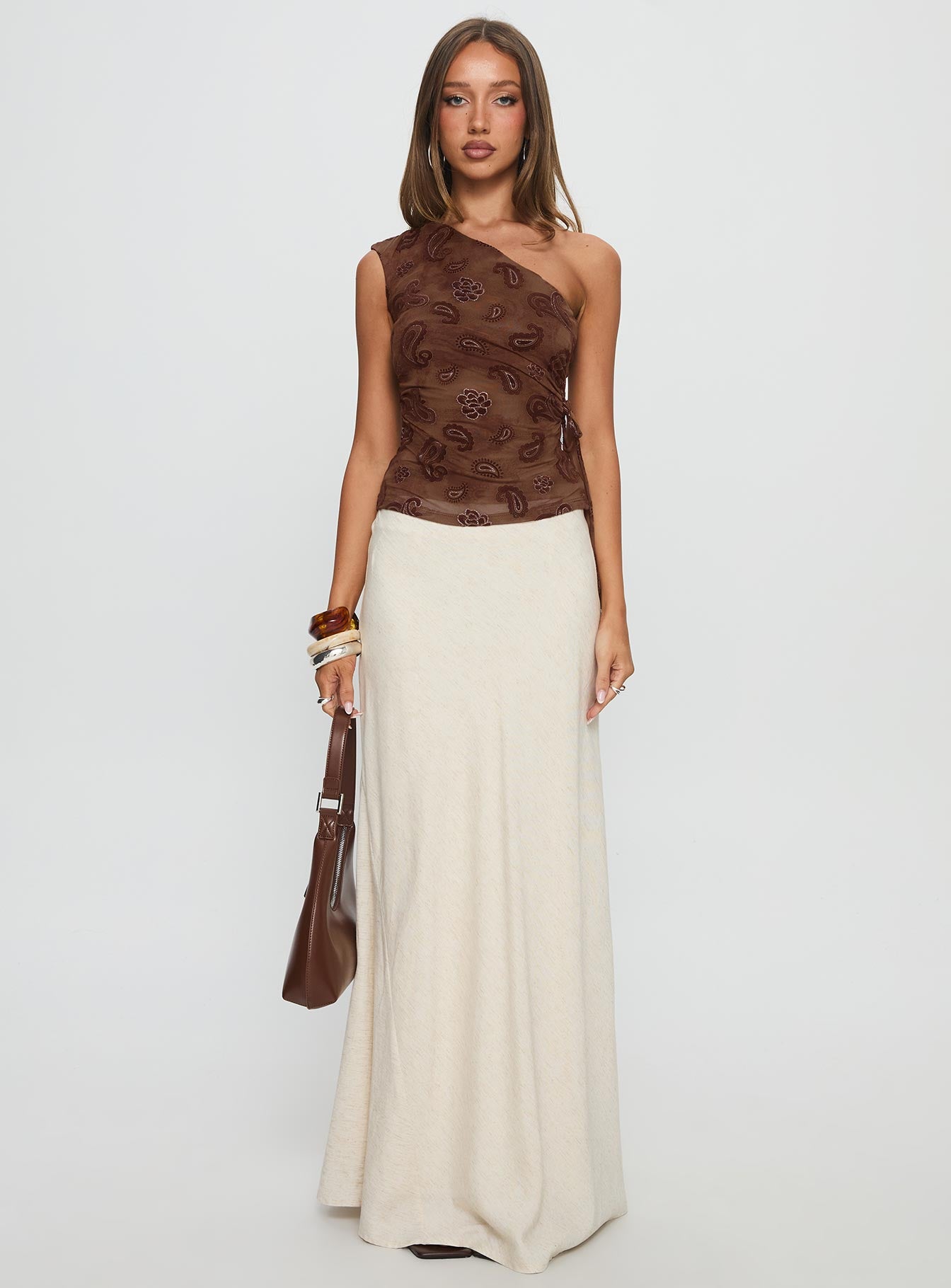 Addysin One Shoulder Top Brown Paisley