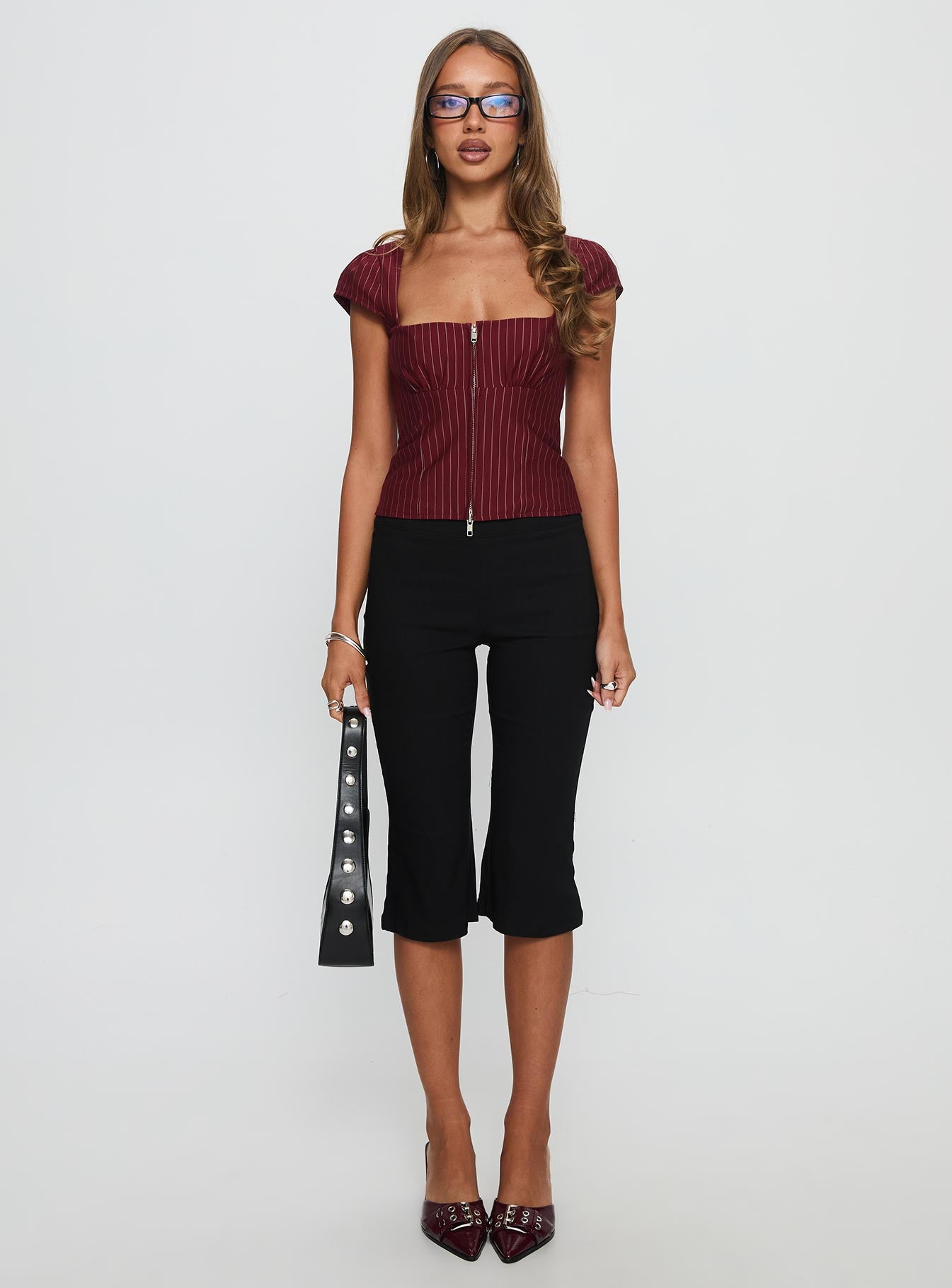 Santa Cruz Zip Through Top Burgundy Pinstripe