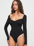 front view of model wearing Princess Polly Peekaboo Long Sleeve Bodysuit Black Full Sleeves 