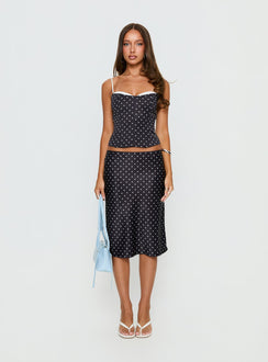   front view of model wearing Princess Polly Somani Satin Midi Skirt Black Polka Dot Midi Skirts 