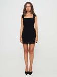 front view of model wearing Princess Polly Lanchester Mini Dress Black Square Neck 