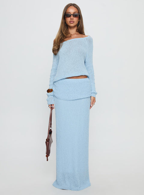   front view of model wearing Princess Polly Tessira Boucle Maxi Skirt Blue Maxi 