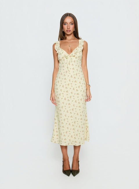 white christmas dresses Leabelle Frill V Neck Maxi Dress Yellow Floral