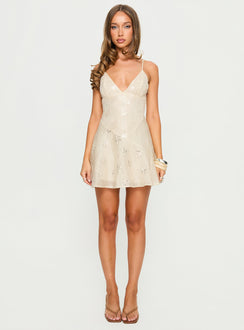 Odelinda Patchwork V Neck Mini Dress Cream Sequin