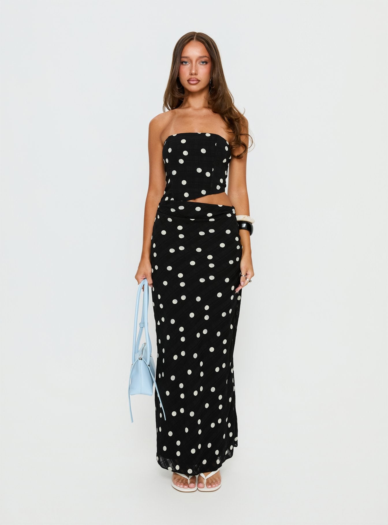 Jasira Strapless Drape Maxi Dress Black Polka Dot