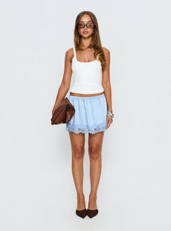 back view of model wearing Princess Polly Orlynn Satin Lace Trim Mini Skirt Blue Mini Skirts 