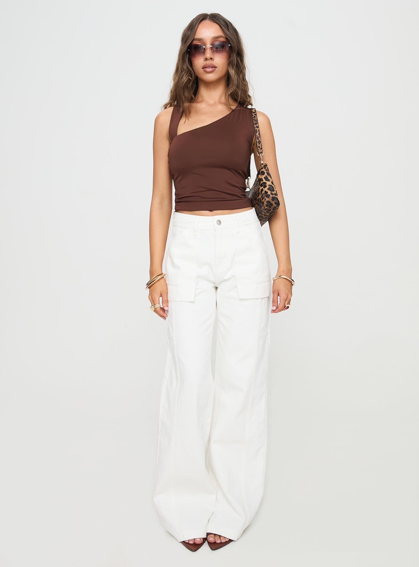 front view of model wearing Princess Polly Chad Cargo Jeans White Denim High Waisted 