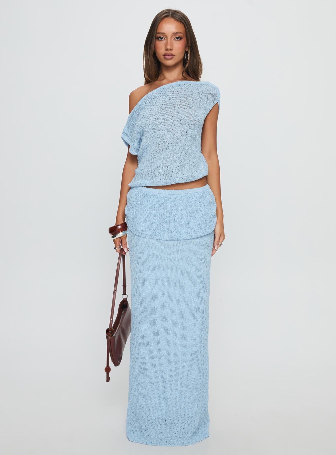 Courter Boucle Off Shoulder Top Blue | Princess Polly